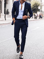 abordables Costumes décontractés-Costumes de mariage en lin pour hommes bleu ciel bleu foncé mode décontractée unis coupe ajustée 2 pièces à simple boutonnage un bouton