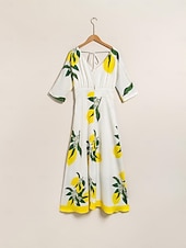 halpa Tyylikkäät kukkaiset mekot-Naisten Helma Maxi Satiini Maxi Maksimekko Keltainen Puolihiha Hedelmä Painettu Kevät ja kesä V kaula-aukko Hameet Loma S M L