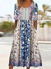 abordables Vestidos boho-Mujer Vestido Midi Vestido informal Vestido de verano Vestido bohemio Étnico Casual Vacaciones Diario Cita Ajuste regular Floral Manga Corta Cuello Barco Blanco Azul Marino Azul Real Azul Piscina