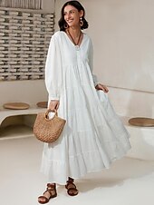 preiswerte Freizeitkleidung-Damen Lockeres Kleid Resort-Kleidung Weiß Langarm Solide / einfarbig Lang Frühling &amp; Herbst V Ausschnitt Strand Design Urlaub XS S M