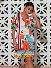 economico Abiti floreali-mini abito da donna con stampa floreale, scollo a V, manica corta, vestito estivo con motivo floreale arancione, casual, abbigliamento da spiaggia, stile elegante