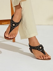 cheap Vacation Sandals-Women&#039;s Boho Beach Black T-Strap Flat Sandals with Elegant Beaded Embellishments | Sophisticated Evening Summer Footwear