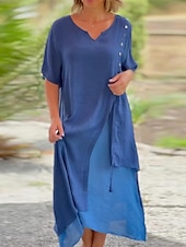 abordables concevoir des robes en coton et lin-Femmes Noir Rose Claire Bleu Été Printemps Robe Midi Robes en coton et lin Robe Décontractée Basique Moderne Quotidien Week-end Coupe Ample Uni Col fendu