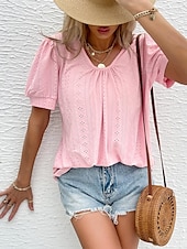 billige Blonder topper-Dame Bluse Elegant Bohem Kortermet Crew-hals Feriereise Daglig Ut på byen knyttede Hvit Rosa Militærgrønn Grønn Sommer