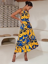 baratos Vestidos de Férias-Mulheres Vestido midi Vestido midi Amarelo Sem Manga Floral Com cinto Estampado Primavera Verão Gola Alta padrão Vestido S M L