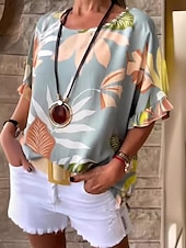 economico Magliette-Per donna maglietta Floreale Di tendenza Manica corta Rotonda Top regolari Da mare Fine settimana Con balze Stampa Verde Beige Grigio Azzurro Estate