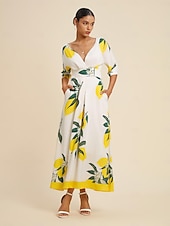 halpa Tyylikkäät kukkaiset mekot-Naisten Helma Maxi Satiini Maxi Maksimekko Keltainen Puolihiha Hedelmä Painettu Kevät ja kesä V kaula-aukko Hameet Loma S M L