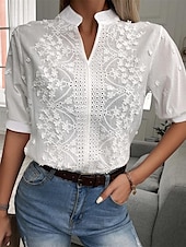 economico Top in Pizzo-Camicia Camicia in pizzo Blusa Top eleganti Per donna Bianco Liscio Occhiello Strada Giornaliero Essenziale Moderno A V Standard S