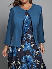 billiga Blommig klänning-Kvinnors Plus Size Midi Klänning Klänning Set Avslappnad Klänning Sväng Klänning Tryck Klänning Mode Gatu mode Blommig Tryck Lång Ärmar Rund Hals Utomhus Semester Bourgogne Mörkblå Blå Höst Vinter