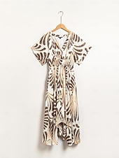 abordables Robes de vacances-Femmes Robe Midi Robe Midi Marron Manche Courte Folk Ourlet irrégulier Printemps &amp; Été Col en V Robe à Motifs S M L