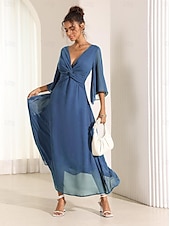 economico Abiti da festa-abito da cocktail per invitati a nozze da donna in chiffon tinta unita con volant intrecciato elegante abito lungo estivo scollo a V svasato manica a 3/4