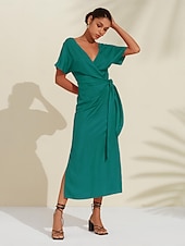 Robe midi portefeuille froncée en lin tencel pour femme orange rouge col en V abordables Robes décontractées-Robe midi portefeuille froncée en lin tencel pour femme orange rouge col en V