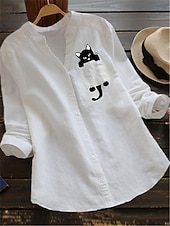 levne Základní falešné košile-Dámské Košile Bavlněné lněné košile Halenka Imitace bavlny a lnu Tisk Kočka Základní Moderní Do V Denní Bílá Žlutá Armádní zelená Rubínově červená Léto