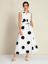 preiswerte Blumenkleider-Damen blusenkleid Saum Maxi Maxidress Weiß Ärmellos Punkt Tasche Bindegürtel Sommer Kargen Casual S M L