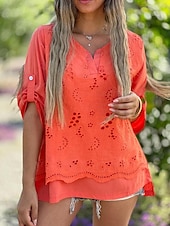 cheap Lace Tops-Women&#039;s Shirt Blouse Dressy Tops Solid Color Plain Stylish Basic Long Sleeve Notched Neck Regular Tops Daily Embroidered Eyelet Black White Orange Summer Spring Fall