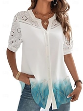 cheap Women&#039;s Graphic Tops-Women&#039;s Shirt Blouse Dressy Tops Casual Floral Buttons Cut Out Print Short Sleeve Regular Tops V Neck Vacation Daily Black Pink Blue Light Blue Summer