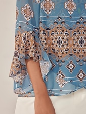 ieftine Bluze și cămăși-Pentru femei Bluză Grafic Elegant Lungime Manșon 3/4 Sonerie În V Topuri obișnuite Muncă Bufantă Albastru piscină Vară Primăvară Toamnă