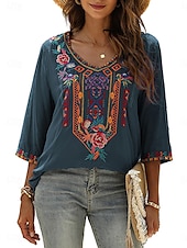 billige Kvinnenes ferietopper-Dame Bluse Geometrisk Bohem 3/4 ermer V-hals Vanlige topper Daglig Broderi Svart Hvit Gul Rød Blå Sommer