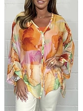 cheap Women&#039;s Graphic Tops-Women&#039;s Blouse Elegant Ombre Buttons Flutter Sleeve Long Sleeve Regular Tops V Neck Daily Pink Blue Orange Green Summer Fall