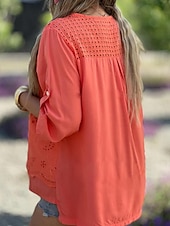 cheap Lace Tops-Women&#039;s Shirt Blouse Dressy Tops Solid Color Plain Stylish Basic Long Sleeve Notched Neck Regular Tops Daily Embroidered Eyelet Black White Orange Summer Spring Fall