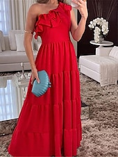 tanie maxi czarna sukienka-Damskie Czarna sukienka Sukienka maxi Falbana Ślub Impreza Elegancja Formalny Na jedno ramię Bez rękawów Czarny Czerwony Kolor