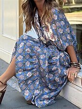 levne Boho šaty-Dámské Dlouhé šaty Maxi šaty Boho šaty Cikánský Dovolená Rande Běžný Květinový Poloviční rukáv Do V Vodní modrá Léto