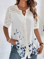 cheap Women&#039;s Graphic Tops-Women&#039;s Shirt Blouse Dressy Tops Casual Floral Buttons Cut Out Print Short Sleeve Regular Tops V Neck Vacation Daily Black Pink Blue Light Blue Summer