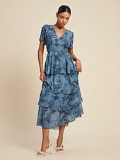 ieftine rochie casual cu imprimeu-rochie de nunta dama rochie florala rochie de vara rochie lunga rochie maxi albastru maneca scurta flori flori/plante decolteu in v talie elastica imprimare primavara &amp;amp; vara decolteu in v-fata