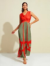 Недорогие Jumpsuits-атласный полосатый комбинезон без рукавов с v-образным вырезом