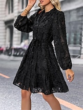 preiswerte Blumenkleider-Damen Spitzenkleid Minikleid Angeschnallt Ausgefallene Ständer Langarm Schwarz Wein Marineblau Farbe