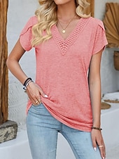 abordables Camiseta lisa-Mujer Camisa Tops elegantes Plano Elegante Manga Corta Escote en Pico Tops regulares Diario Encaje Rosa Verde Oscuro Caqui Gris Verano