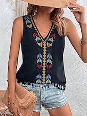 billige Boho t-skjorte-Dame Singleter Fritid Ermeløs V-hals Vanlige topper Daglig Trykt mønster Svart Hvit Rosa matt-hvit Sommer