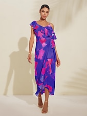 abordables Robe de cocktail-Robe mi-longue à basque pour femmes, tenue d&#039;invité de mariage, violet, orange, manches courtes, volants fleuris, cravate sur le devant, printemps &amp;amp; été asymétrique romantique s m l