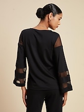 abordables Blusas y camisas-Mujer Estilo casual Gasa Capital Color sólido/liso Ropa Cotidiana Cita Noche Ilusión Negro Cuello redondo Color puro Corte Ancho Manga Larga Elegante Casual / Diario Cuello Barco Primavera verano