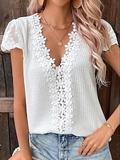 voordelige Kant Tops-Overhemd Blouse Geklede topjes Dames Wit Effen Kant Straat Dagelijks Modieus V-hals Normale pasvorm S