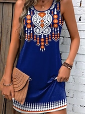 ieftine Rochii boho-Rochie Mini pentru Femei Rochie Mică Rochie de Plajă Rochie Tip Tank Rochie de Vară Boho Vacanță Zi cu Zi Sărbătoare Ajustare Normală Geometrică Fără Mâneci Guler Rotund Albastru Vară