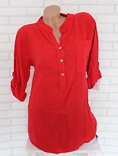 cheap Shirts-Women&#039;s Shirt Cotton Linen Shirts Button Up Blouse Plain Fashion V Neck Street Daily Buttons Pocket White Red Blue Beige Summer