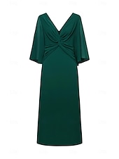 economico Abiti da festa-abito da cocktail per invitati a nozze da donna in chiffon tinta unita con volant intrecciato elegante abito lungo estivo scollo a V svasato manica a 3/4