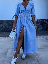 preiswerte Blumenkleider-Damen Jeanskleider blusenkleid Maxikleid B¨¹ro Urlaub Denim Basic Modern V Ausschnitt Taste Halbe Ärmel Sommer Frühling Regular Fit Glatt