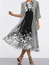 abordables Ensembles de robes-Femme Robe Ensemble Robe de Mousseline Grande occasion Floral Imprimer Robe Maxi Demi Manches Col Ras du Cou Soirée Violet Gris Eté Ample