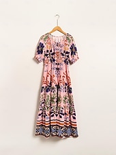 levne Květinové šaty-Dámské Elegantní šaty Midi šaty Světlá růžová Krátký rukáv Květinový Šňůrky Jaro léto Šněrování na krku Elegantní šaty Rande S M L