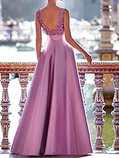 abordables violet-Robe de soirée A-ligne robe élégante mariage formel longueur maxi sans manches décolleté en V satin avec poches et perles
