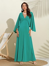 economico Abiti per le feste-abito lungo in chiffon per feste/invitati a matrimoni da donna, verde, scollo a V, maniche a dolman, design a mantello, per stupire 2024