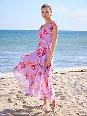 economico abito casual stampato-Per donna Vestito Estivo Abito Floreale Abito Estivo Abito al ginocchio Viola Senza Maniche Motivo Floreale Moda Fiori Volant Stile Floreale Stampa Primavera &amp; Estate Scollo incrociato Con balze