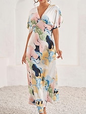 cheap Vacation Dresses-Women&#039;s Wedding Guest Dress Elegant Tie Dye Maxi Dress Short Sleeve V Neck Print Loose Fit Daily White Blue Purple Summer Dress