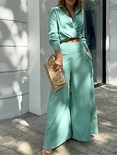 preiswerte Sets-Damen Elegant Stilvoll Hemd Baumwoll-Leinen-Sets Zweiteilige Sets Weitbeinige Hosen Langarm Hemdkragen Einfach Büro Arbeit Schwarz Weiß Blau Sommer Normale Passform