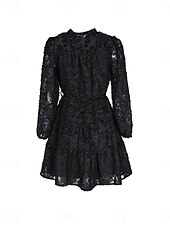 preiswerte Blumenkleider-Damen Spitzenkleid Minikleid Angeschnallt Ausgefallene Ständer Langarm Schwarz Wein Marineblau Farbe