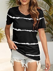 abordables T-shirt rayé et géométrique-t-shirt femme décontracté imprimé manches courtes hauts réguliers col en V quotidien noir rose bleu été