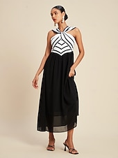 economico Abiti per le feste-chiffon nero&amp;amp;abito lungo senza maniche con elastico in vita a righe in raso e collo annodato per feste/invitati a nozze per stupire 2024