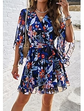 billiga Casual blommiga klänningar-kvinnors omlottklänning blommig volang bälte v-ringad fladderärm miniklänning elegant daglig 3/4 lång ärm sommar
